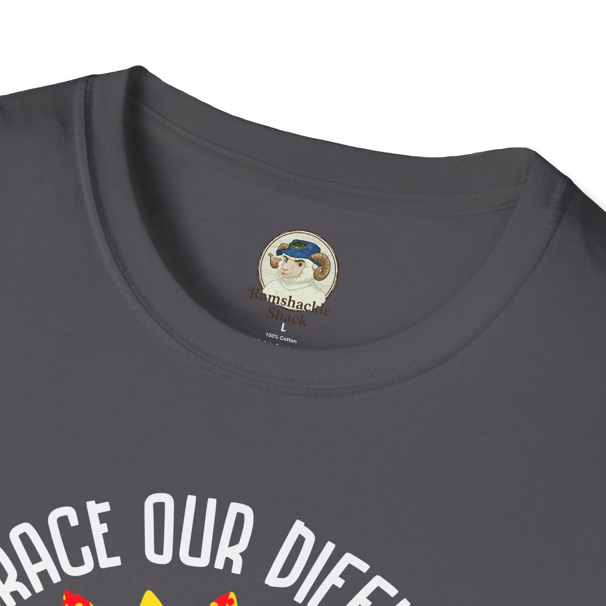 Autism Awareness T-Shirt — "Embrace Our Difference" Puzzle Heart Design - Ramshackle Shack
