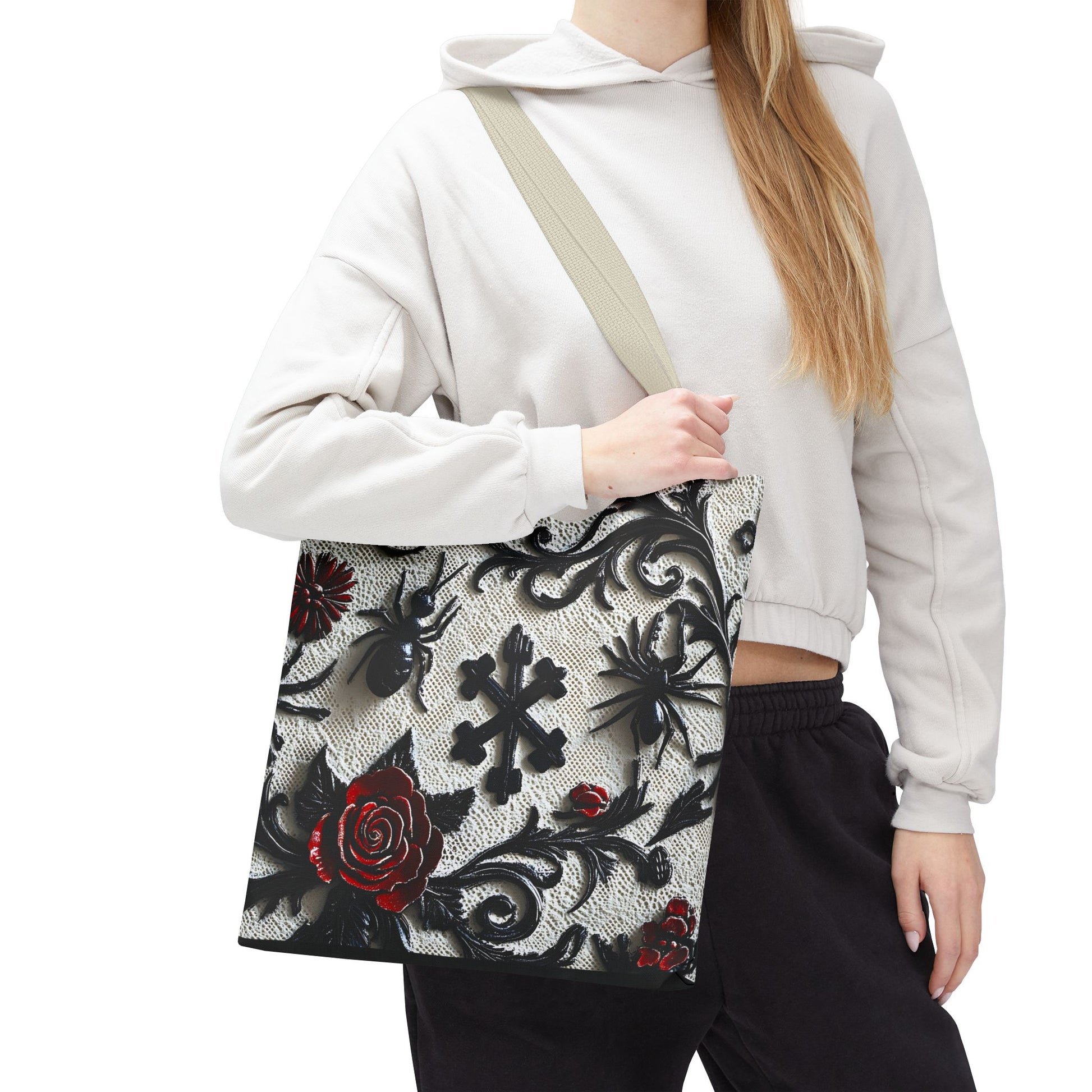 Gothic filigree tote bag with ornate dark floral all-over print, showcasing intricate design and spacious bag for everyday use.