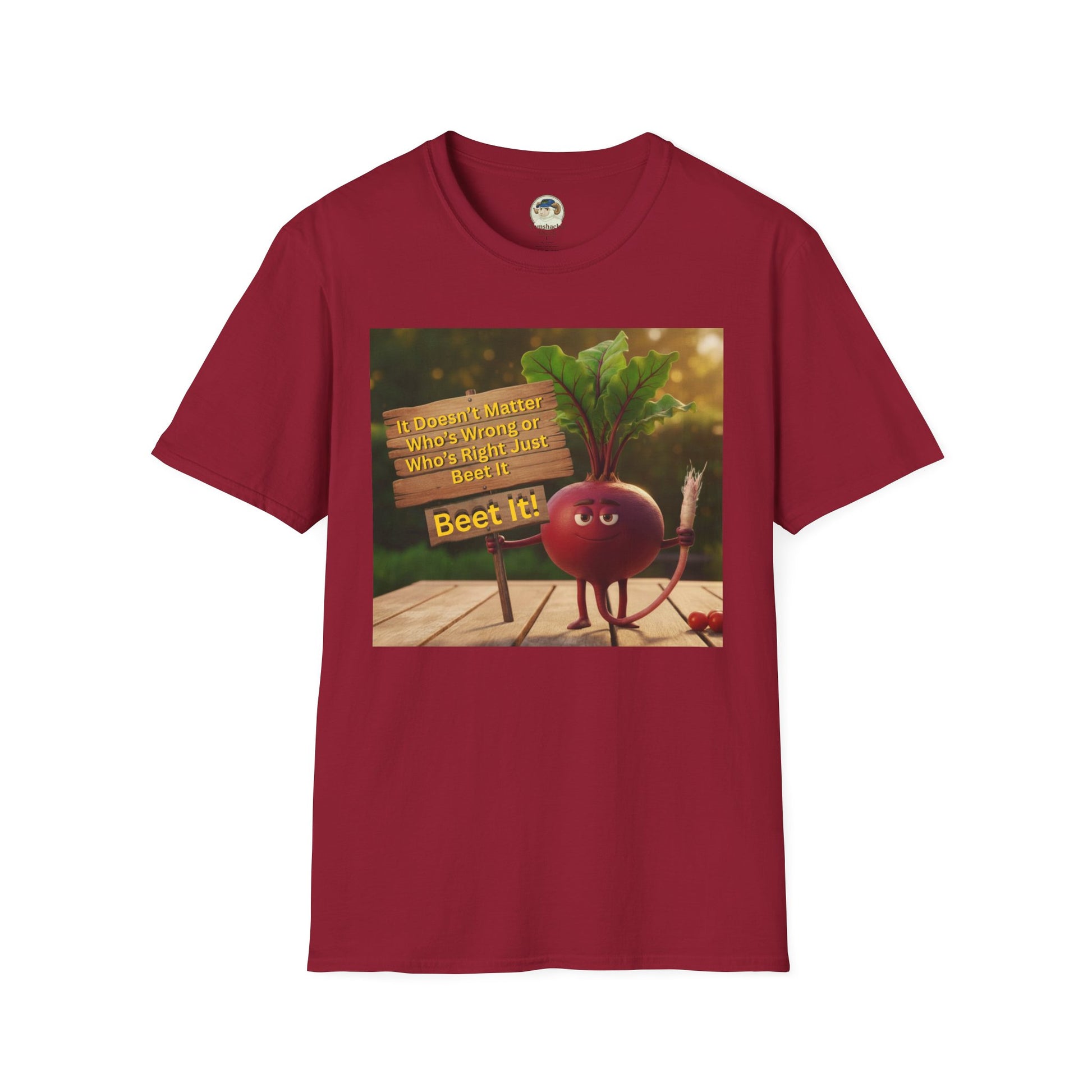 Unisex softstyle T-shirt featuring a humorous beetroot graphic design, made by Printify.