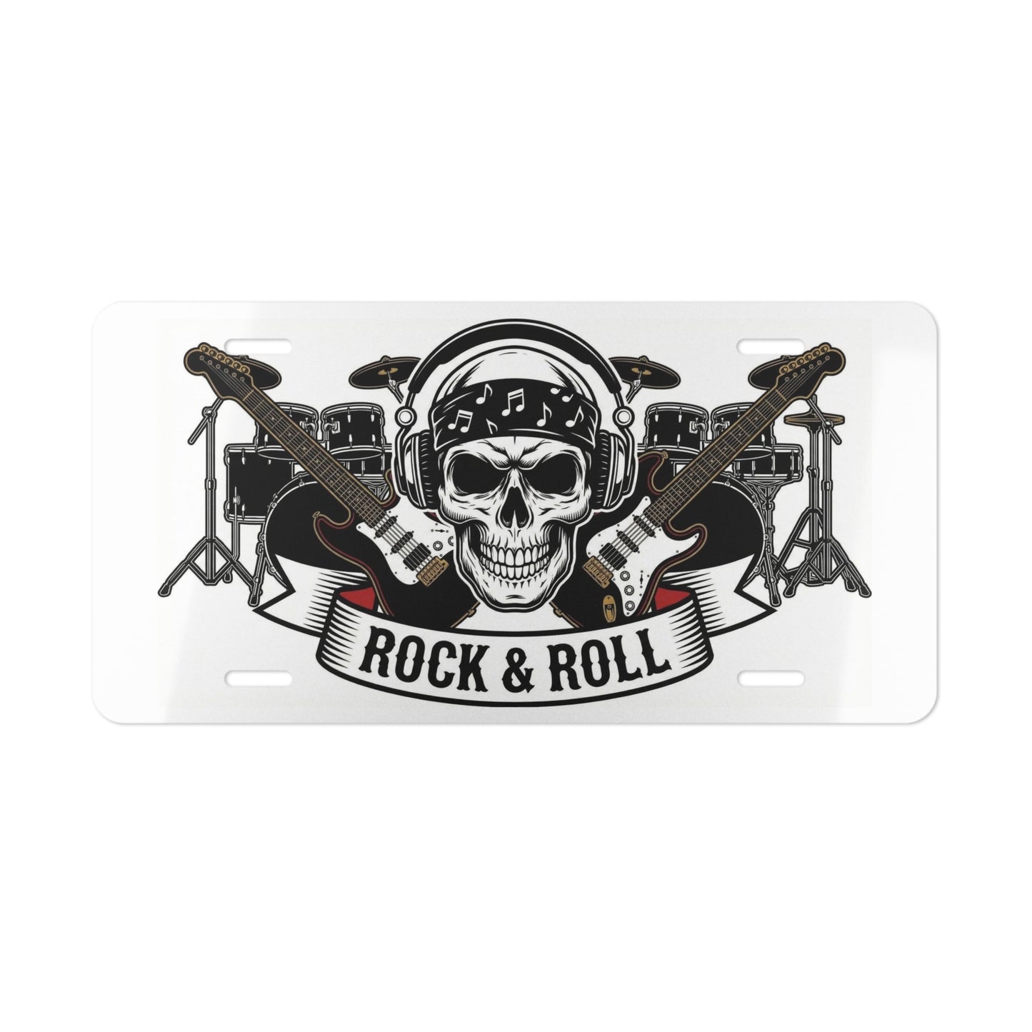 Rock & Roll Skull Vanity Plate  Guitar Drum Metal License Style Sign - Ramshackle Shack