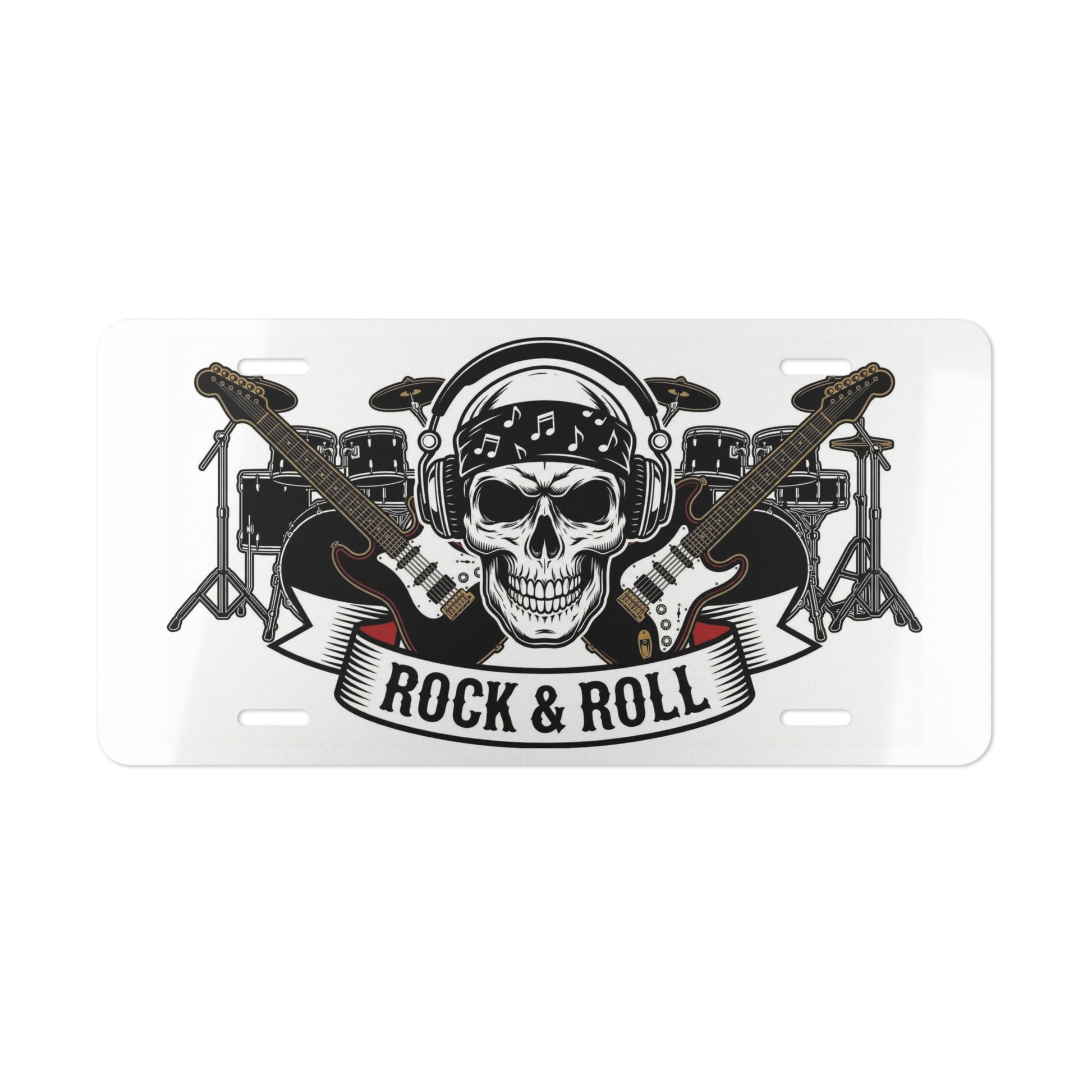 Rock & Roll Skull Vanity Plate  Guitar Drum Metal License Style Sign - Ramshackle Shack