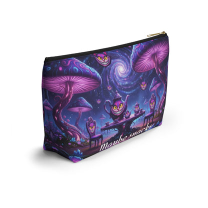 Cheshire Cat mushroom accessory pouch from Printify with a whimsical design, ideal for makeup or snacks.