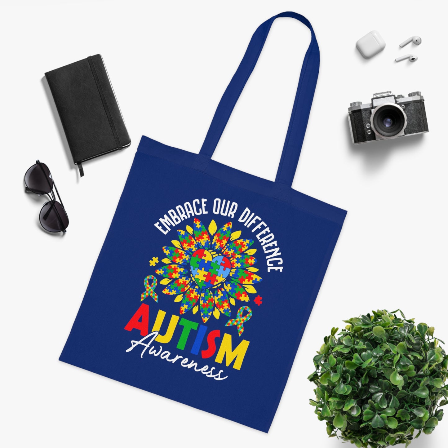Autism Awareness Cotton Tote — "Embrace Our Difference" Puzzle Ribbon Design - Ramshackle Shack