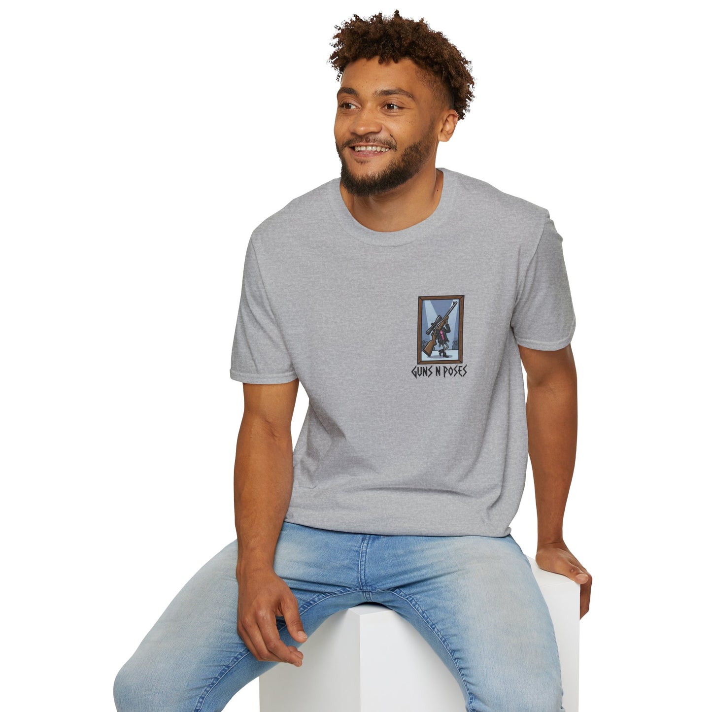 Black T-shirt featuring a graphic print of various guns in dynamic poses, from the "Guns in Poses" art gallery collection.
