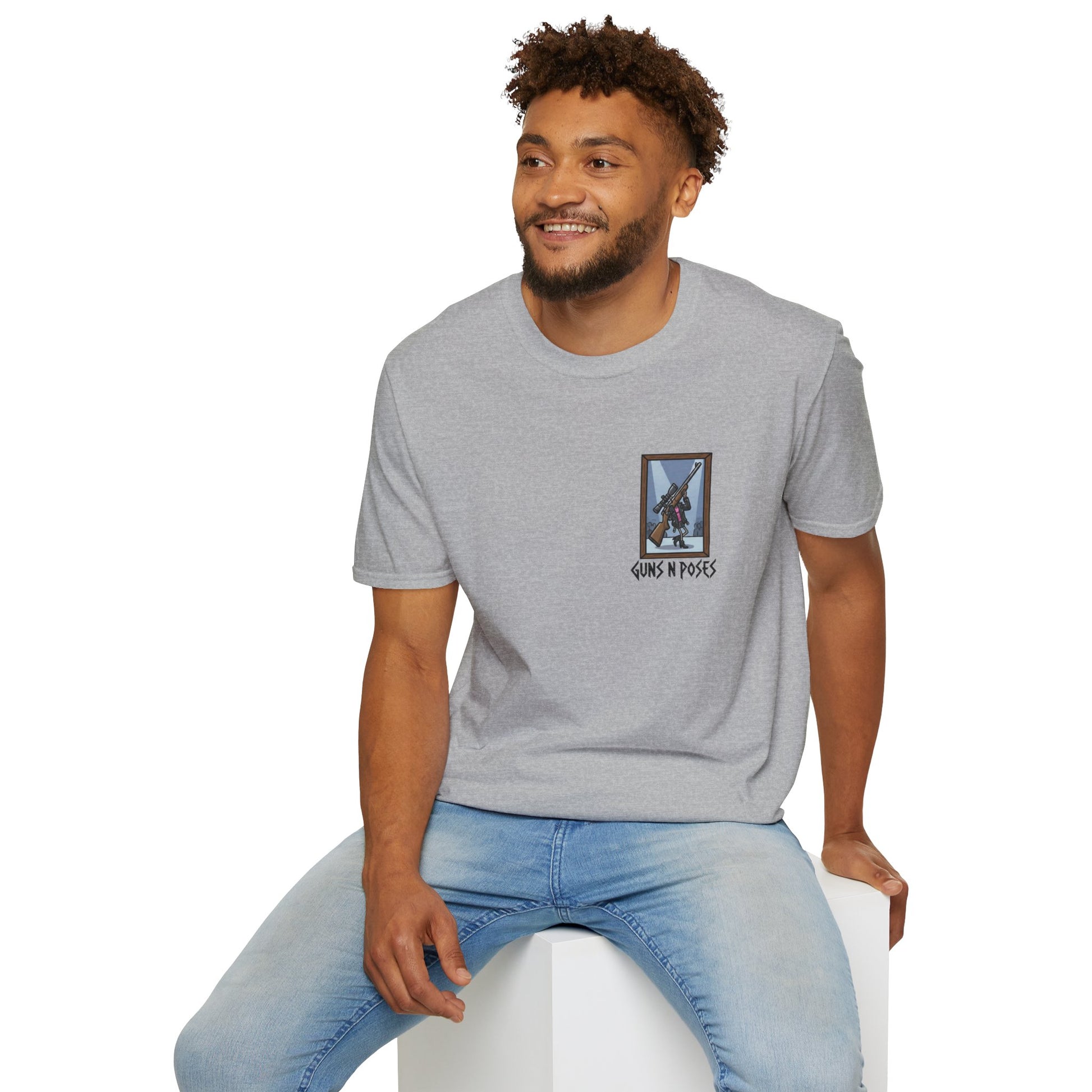 Black T-shirt featuring a graphic print of various guns in dynamic poses, from the "Guns in Poses" art gallery collection.