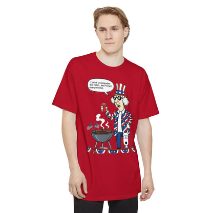 Sassy Max patriotic T-shirt with "I Drink to Remember" graphic, tall beefy-T® style, featuring a red, white, and blue design.