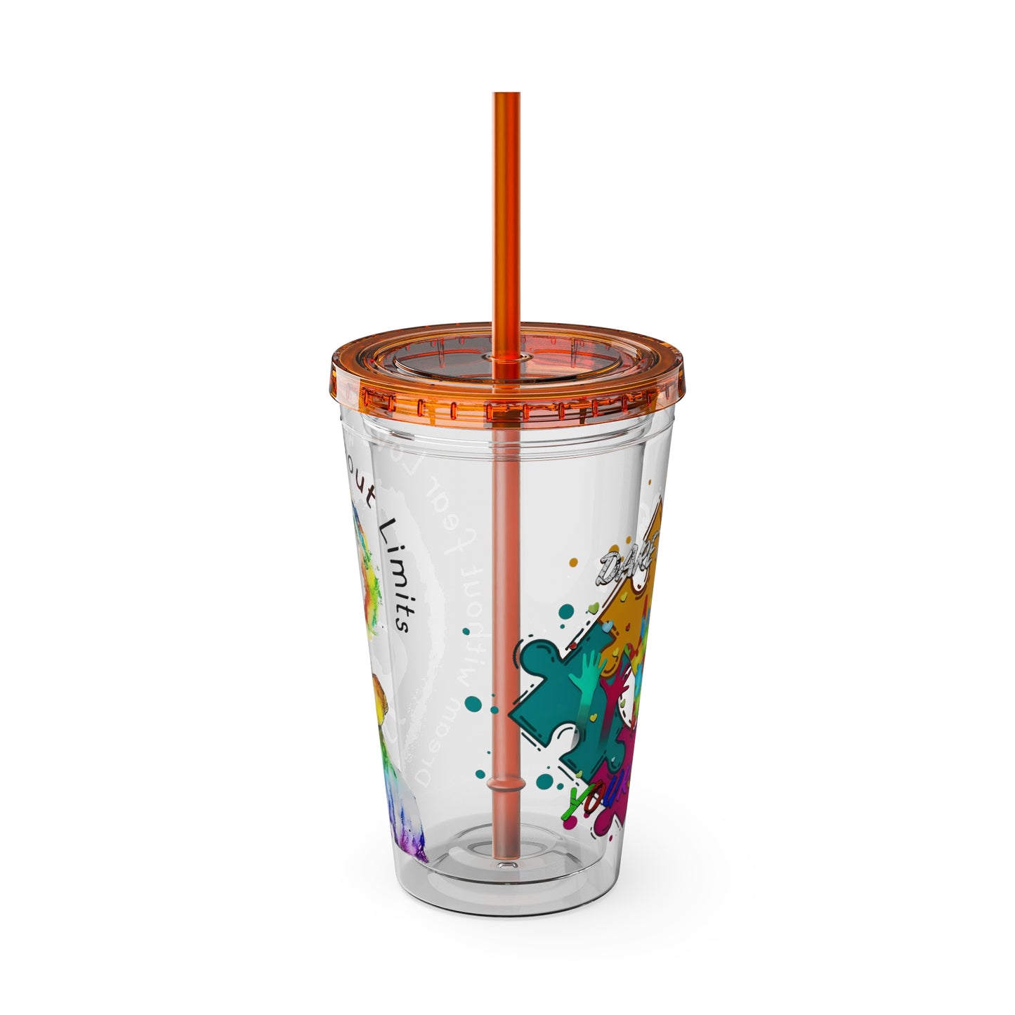 16oz Printify Sunsplash Tumbler featuring watercolor elephant design and paint-splatter puzzle, with reusable straw.