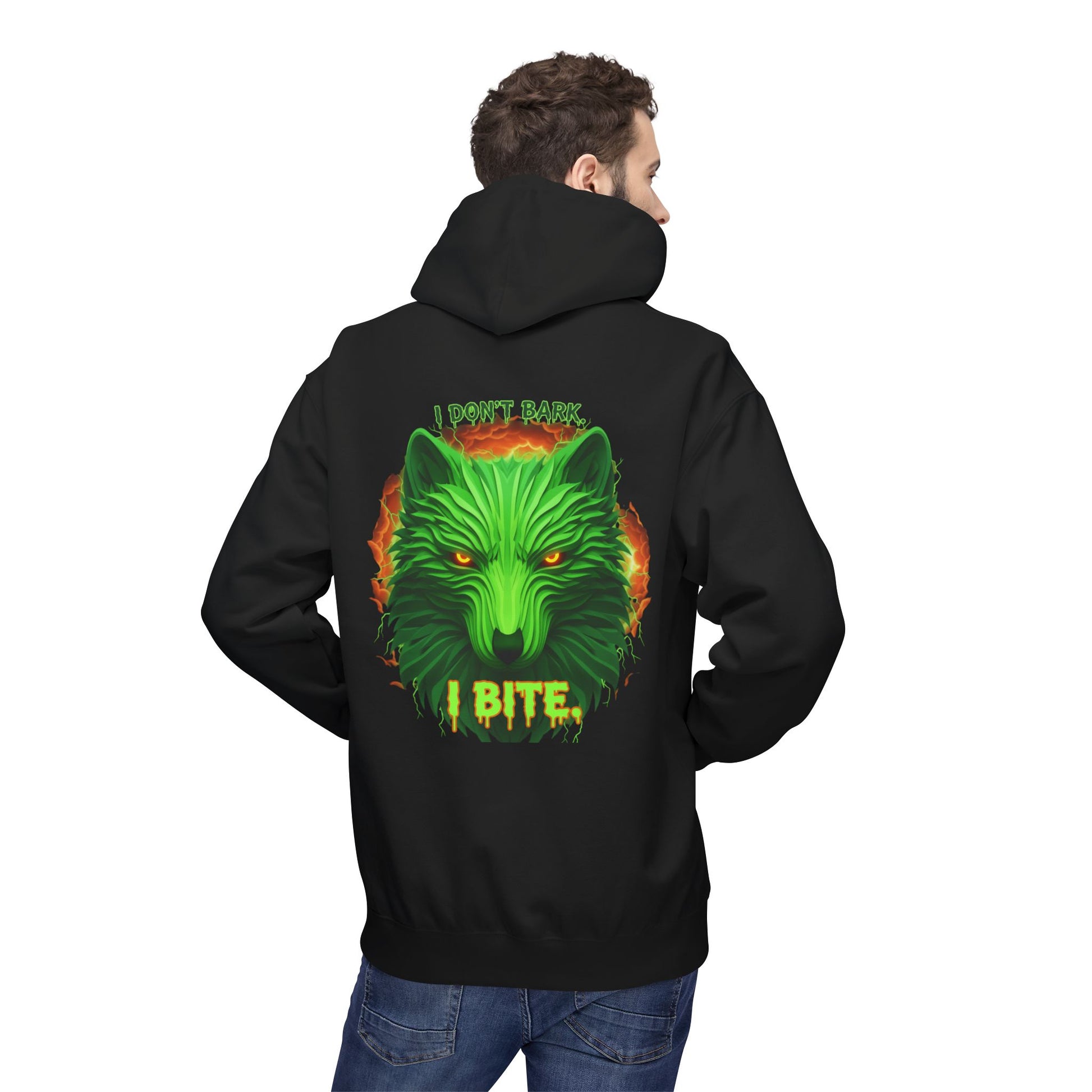 Neon green wolf graphic hoodie for night riders, printed by Printify, featuring a bold wolf design on a comfortable hoodie.