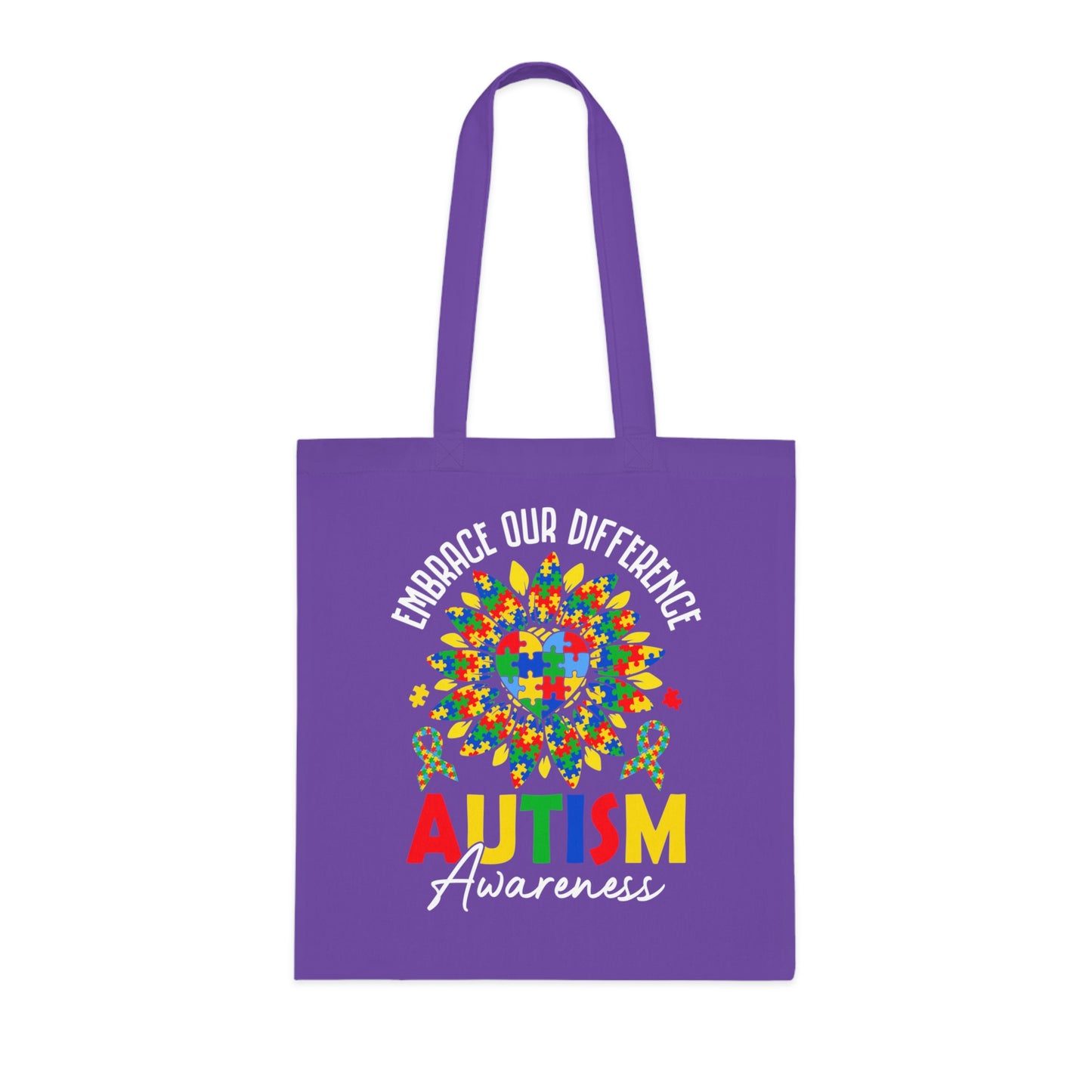 Autism Awareness Cotton Tote — "Embrace Our Difference" Puzzle Ribbon Design - Ramshackle Shack