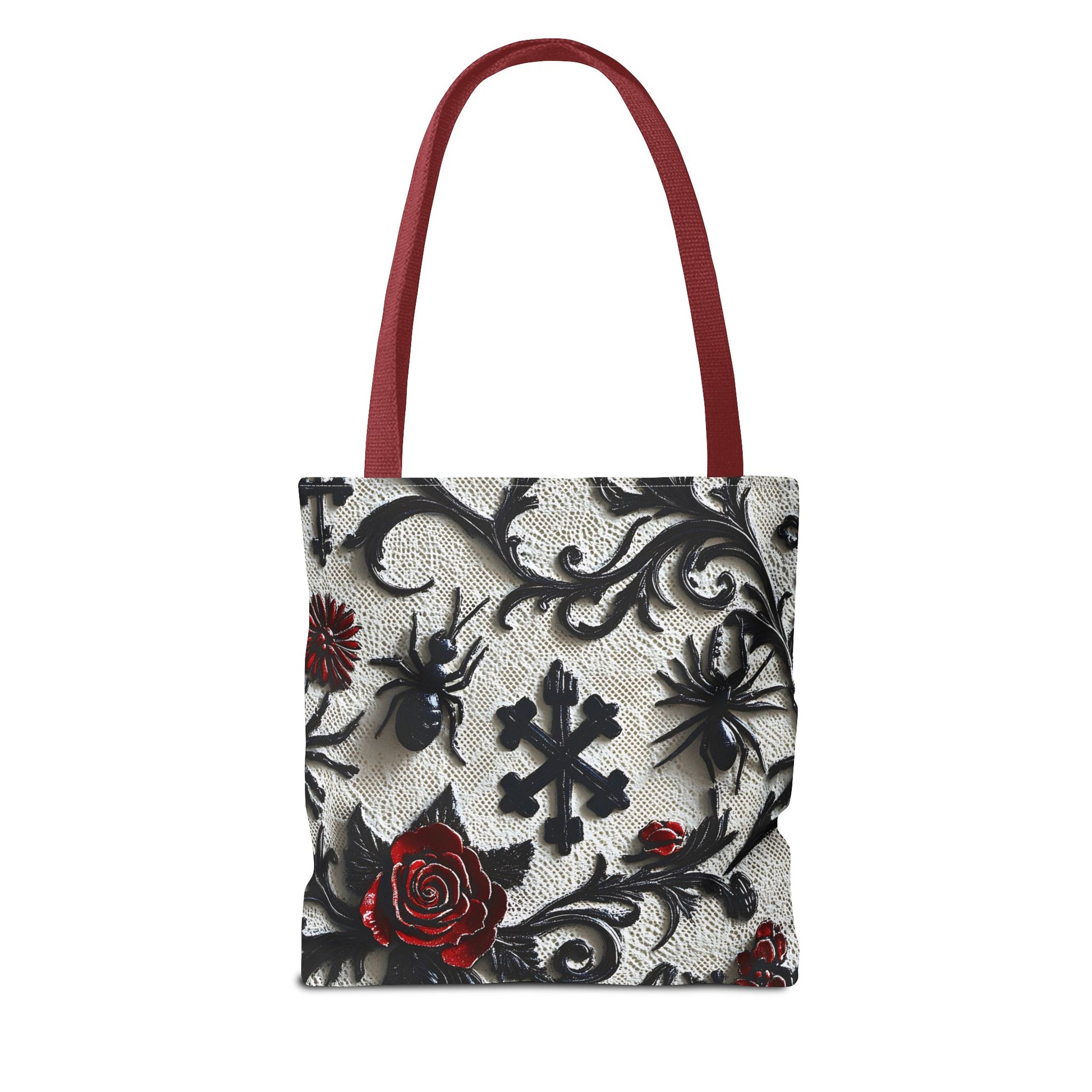 Gothic filigree tote bag with ornate dark floral all-over print, featuring intricate design and spacious bag interior.