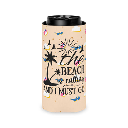 Can Cooler — “The Beach Is Calling, I Must Go” Tropical Palm & Sunglasses Design - Ramshackle Shack
