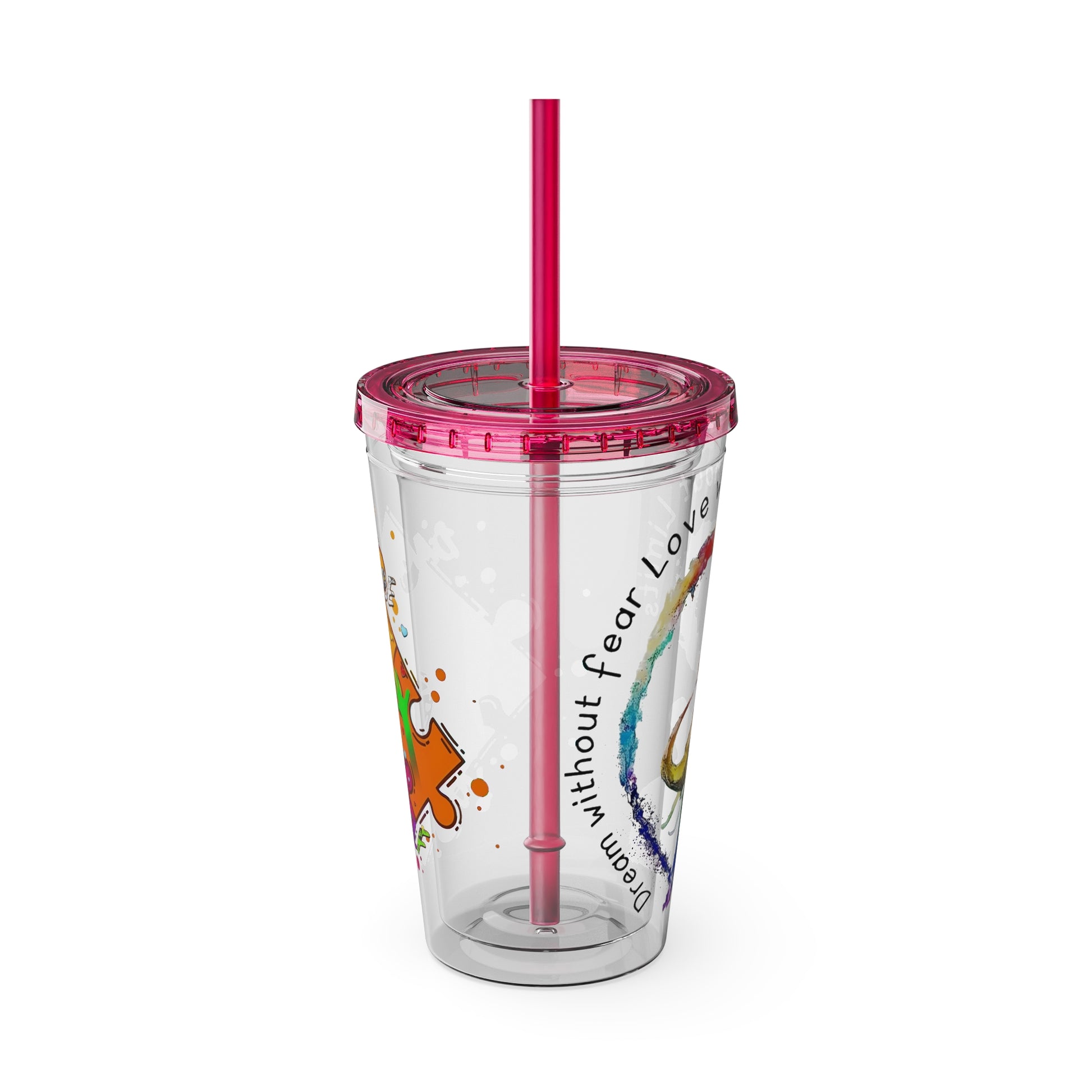 16oz Printify Sunsplash tumbler with straw featuring watercolor elephant and paint-splatter puzzle designs.