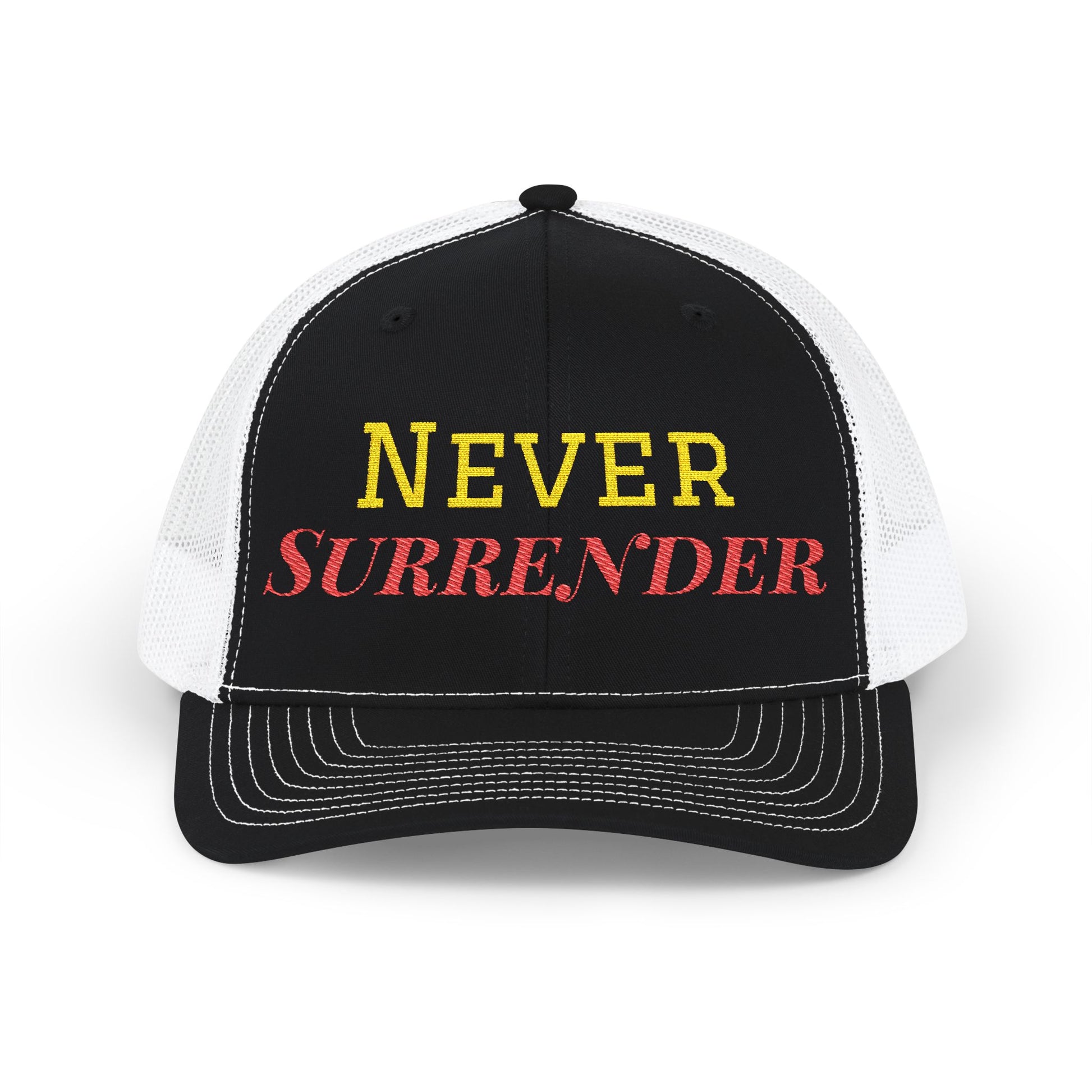 Printify Never Surrender snapback trucker cap with embroidered front design, adjustable mesh back, and flat bill.