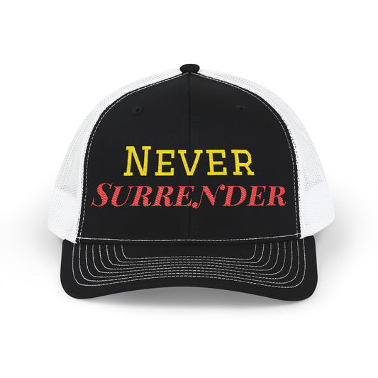 Printify Never Surrender snapback trucker cap with embroidered front design, adjustable mesh back, and flat bill.