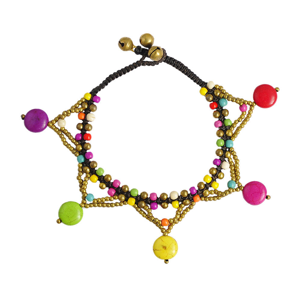 Multicolor turquoise bell anklet from Five-Star by Zendrop featuring small bells and vibrant beads on silver chain.