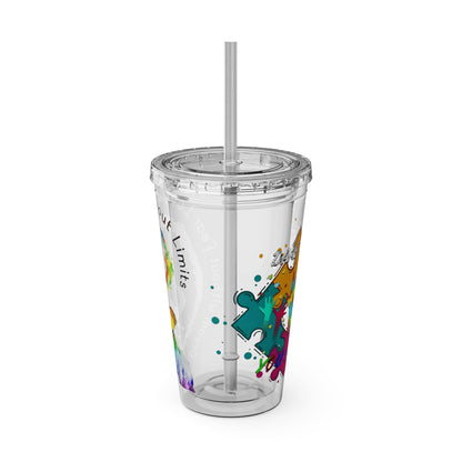 16oz Printify Sunsplash tumbler featuring a watercolor elephant design and paint-splatter puzzle pattern.