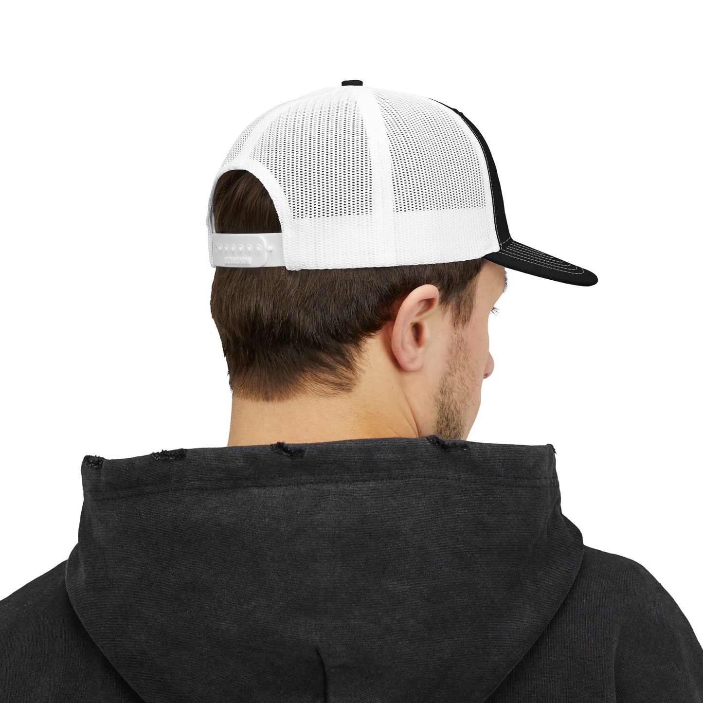 Printify Never Surrender snapback trucker cap with adjustable mesh back and bold front logo, stylish and comfortable for casual wear.