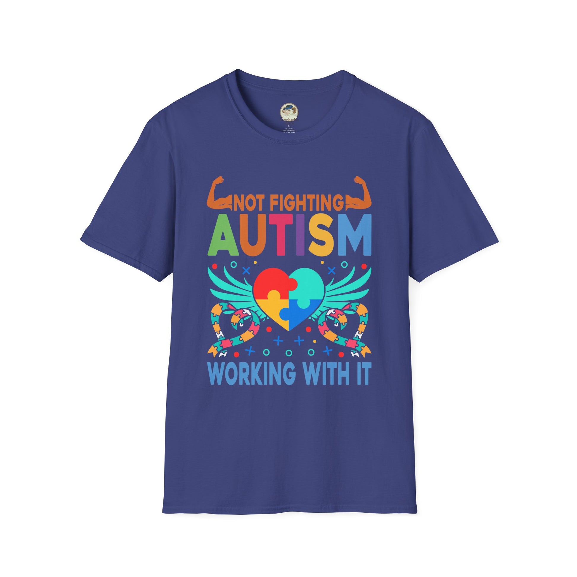 Autism Awareness T-Shirt — "Not Fighting Autism, Working With It" Puzzle Ribbon Tee - Ramshackle Shack