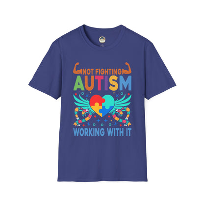 Autism Awareness T-Shirt — "Not Fighting Autism, Working With It" Puzzle Ribbon Tee - Ramshackle Shack