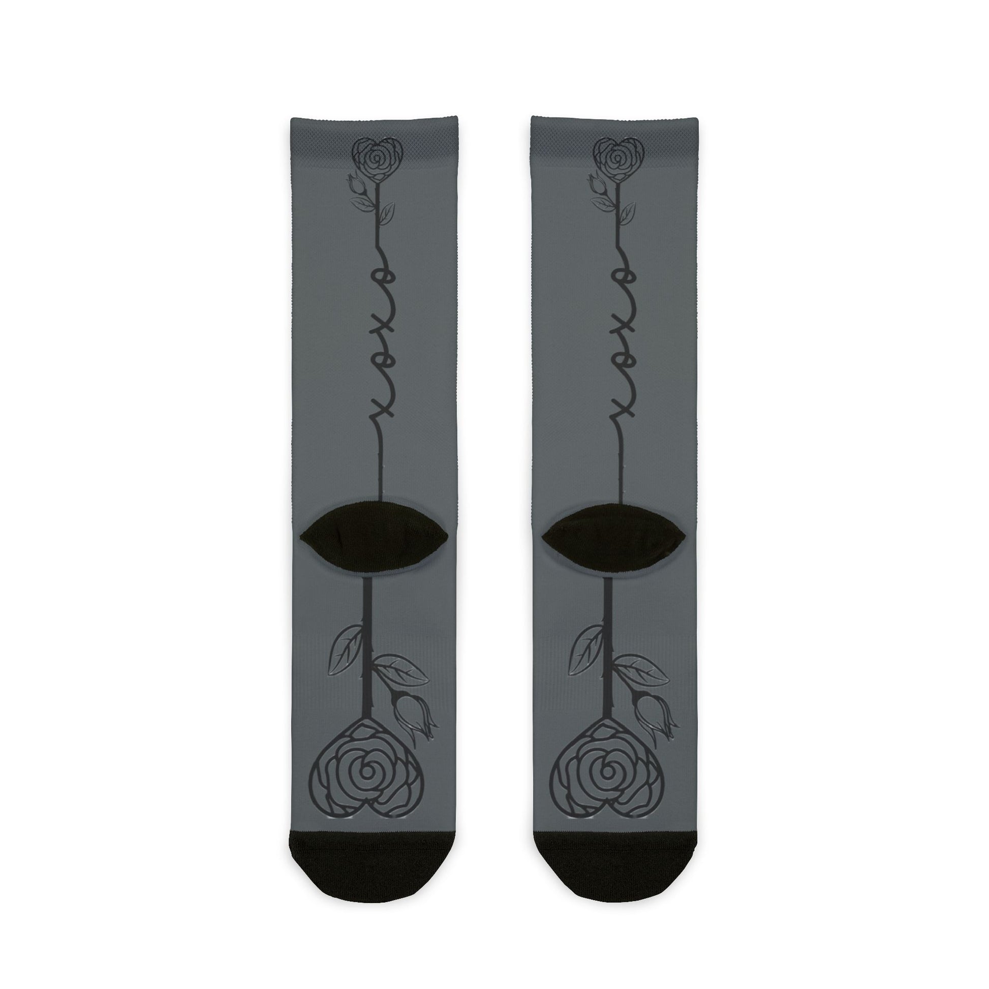 XOXO Rose crew socks with sublimated floral graphic print, all-over floral pattern, vibrant and stylish footwear by Printify.