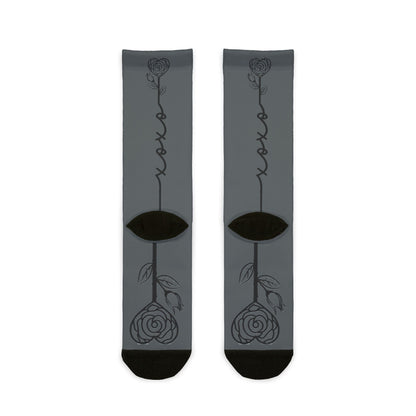 XOXO Rose crew socks with sublimated floral graphic print, all-over floral pattern, vibrant and stylish footwear by Printify.