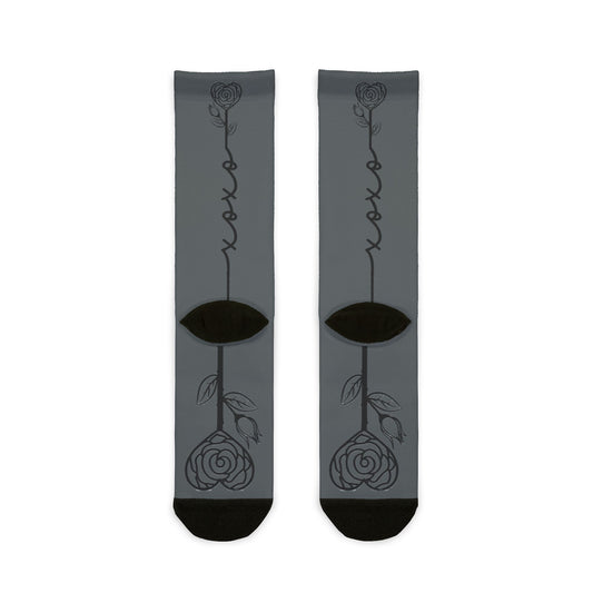 XOXO Rose crew socks with sublimated floral graphic print, all-over floral pattern, vibrant and stylish footwear by Printify.