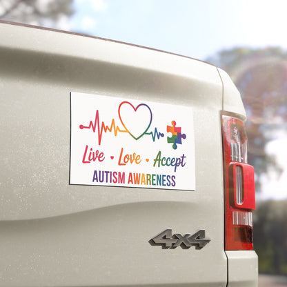 Autism awareness car magnet with rainbow puzzle heart and "Live Love Accept" message, designed for home decor and awareness support.