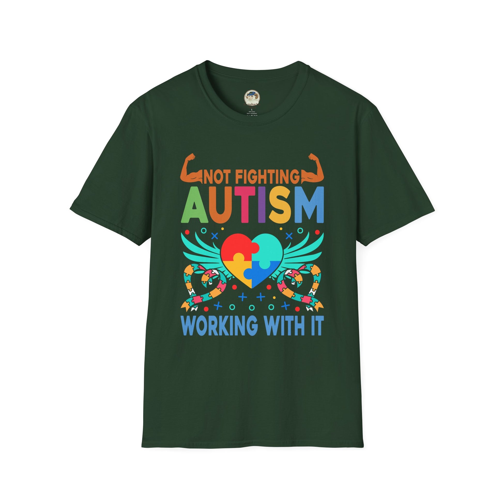 Autism Awareness T-Shirt — "Not Fighting Autism, Working With It" Puzzle Ribbon Tee - Ramshackle Shack