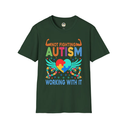 Autism Awareness T-Shirt — "Not Fighting Autism, Working With It" Puzzle Ribbon Tee - Ramshackle Shack