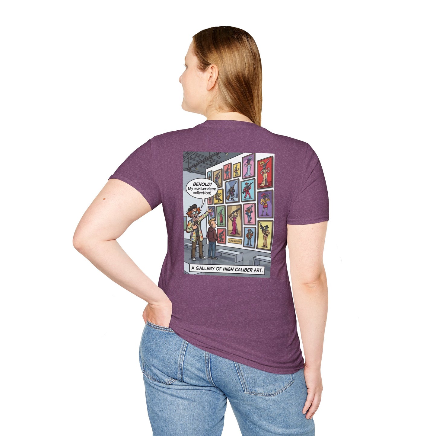 White t-shirt featuring a graphic print of guns in various poses from the "Guns in Poses" art collection by Printify.