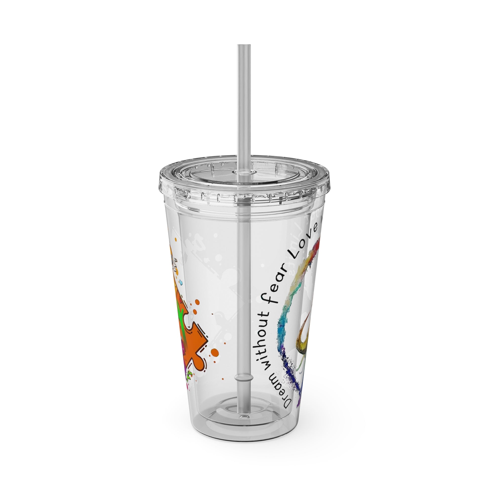 16oz Printify Sunsplash Tumbler with Straw featuring watercolor elephant and paint-splatter puzzle designs.