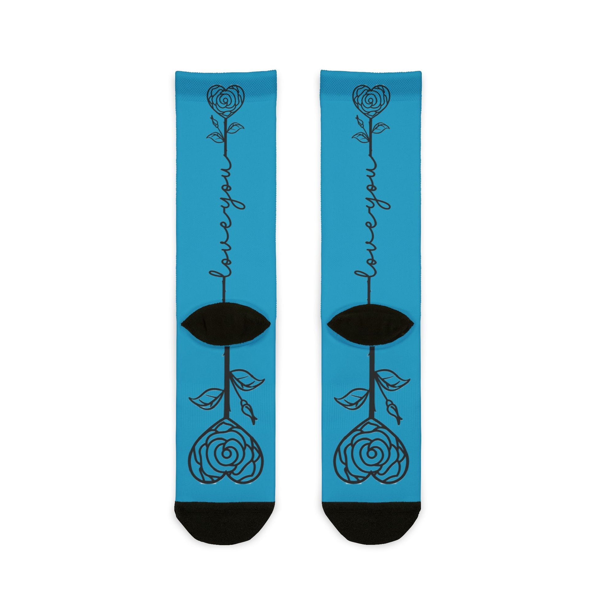 Love You Rose crew socks with vibrant floral print, all-over sublimated design, from Printify featuring colorful rose graphics.