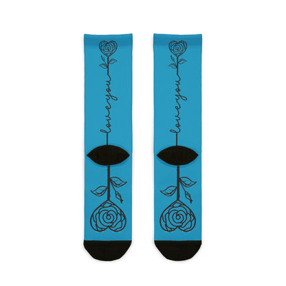 Love You Rose crew socks with vibrant floral print, all-over sublimated design, from Printify featuring colorful rose graphics.