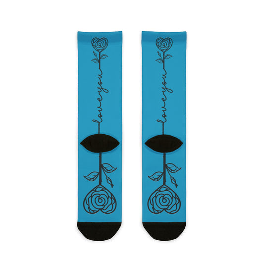 Love You Rose crew socks with vibrant floral print, all-over sublimated design, from Printify featuring colorful rose graphics.