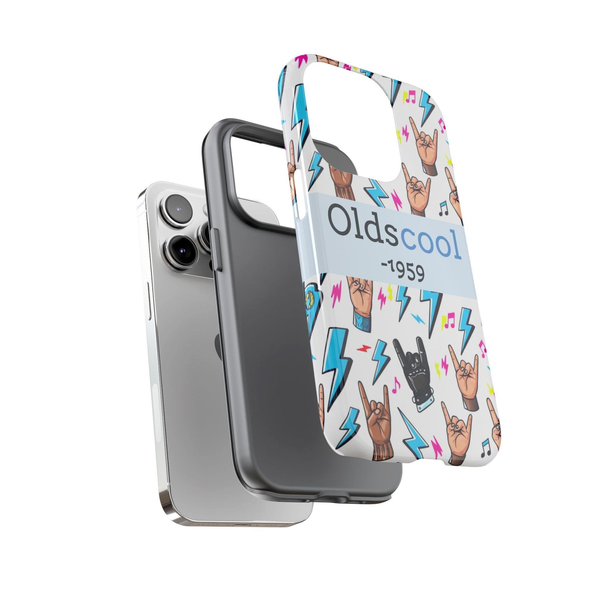 Retro Rock 'Oldscool 1959' Phone Case – Lightning & Rock Hand Pattern - Ramshackle Shack
