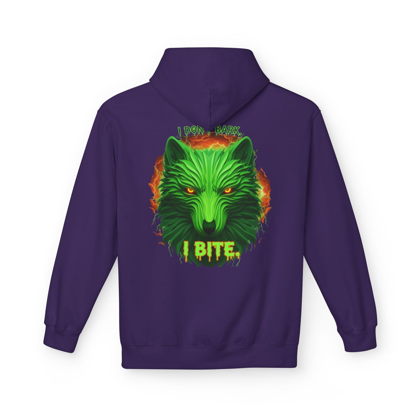 Neon green wolf graphic hoodie for night riders, featuring I Bite Wolf design, by Printify, casual unisex hoodie.