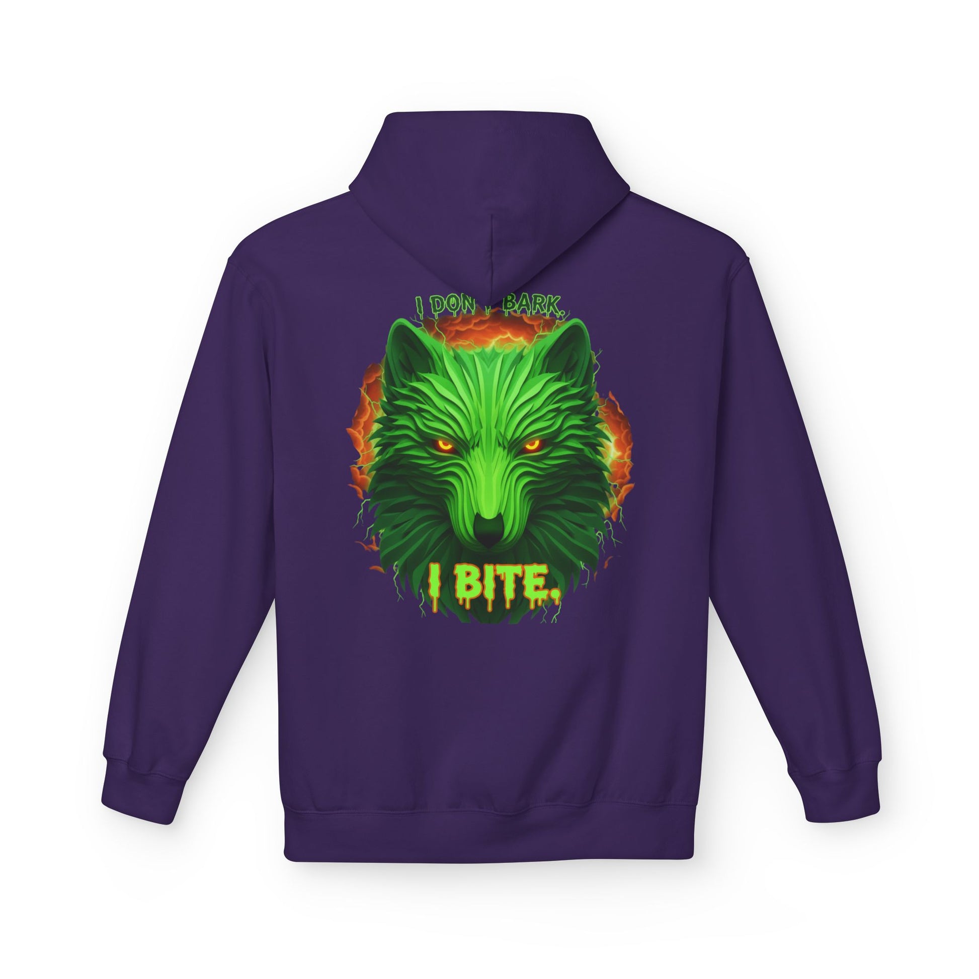 Neon green wolf graphic hoodie for night riders, featuring I Bite Wolf design, by Printify, casual unisex hoodie.