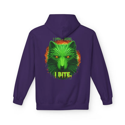 Neon green wolf graphic hoodie for night riders, featuring I Bite Wolf design, by Printify, casual unisex hoodie.