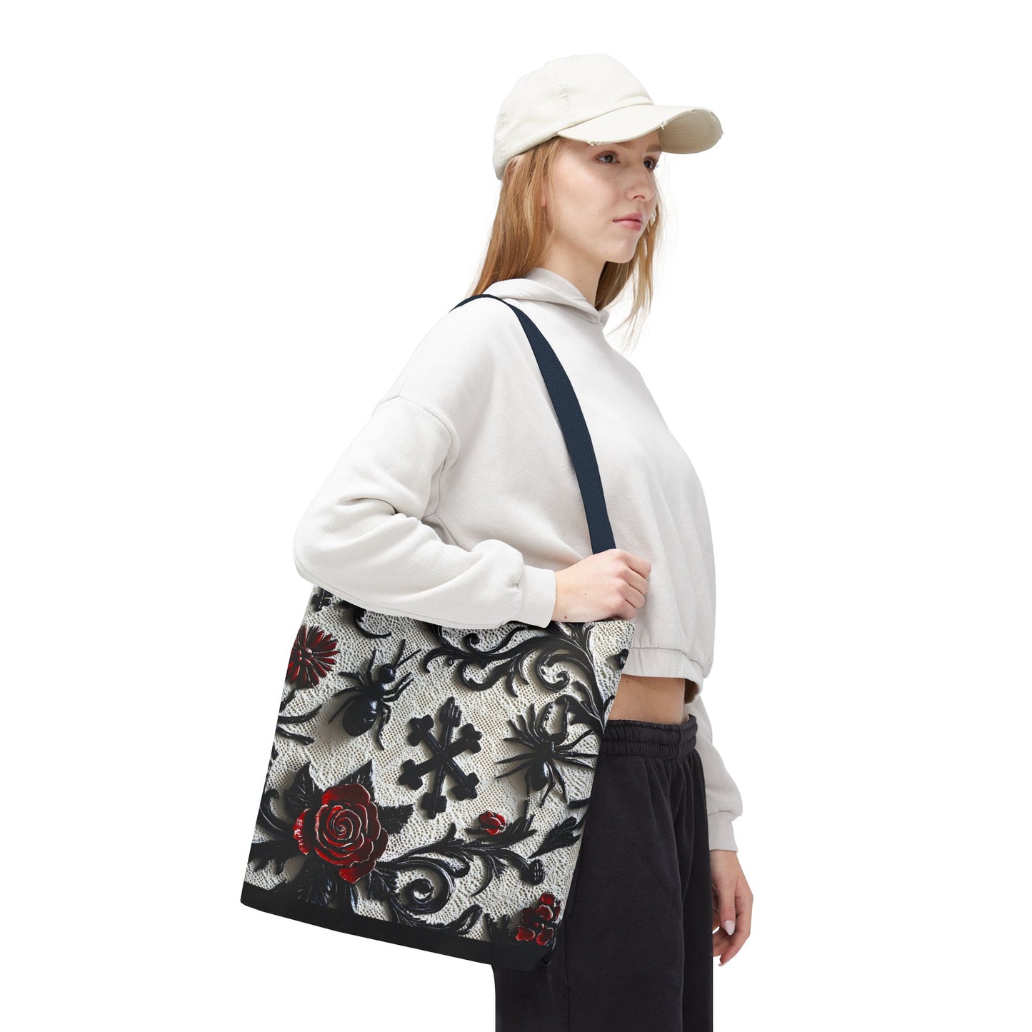 Gothic filigree tote bag with ornate dark floral all-over print, stylish bags by Printify featuring intricate design details.
