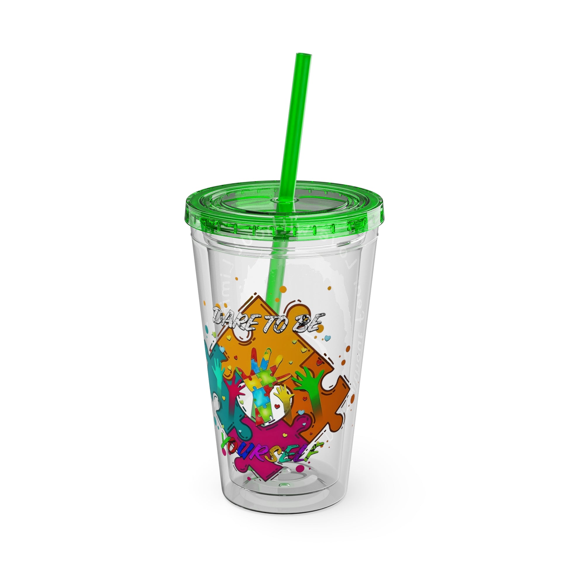 16oz Printify Sunsplash tumbler featuring a watercolor elephant and paint-splatter puzzle design.