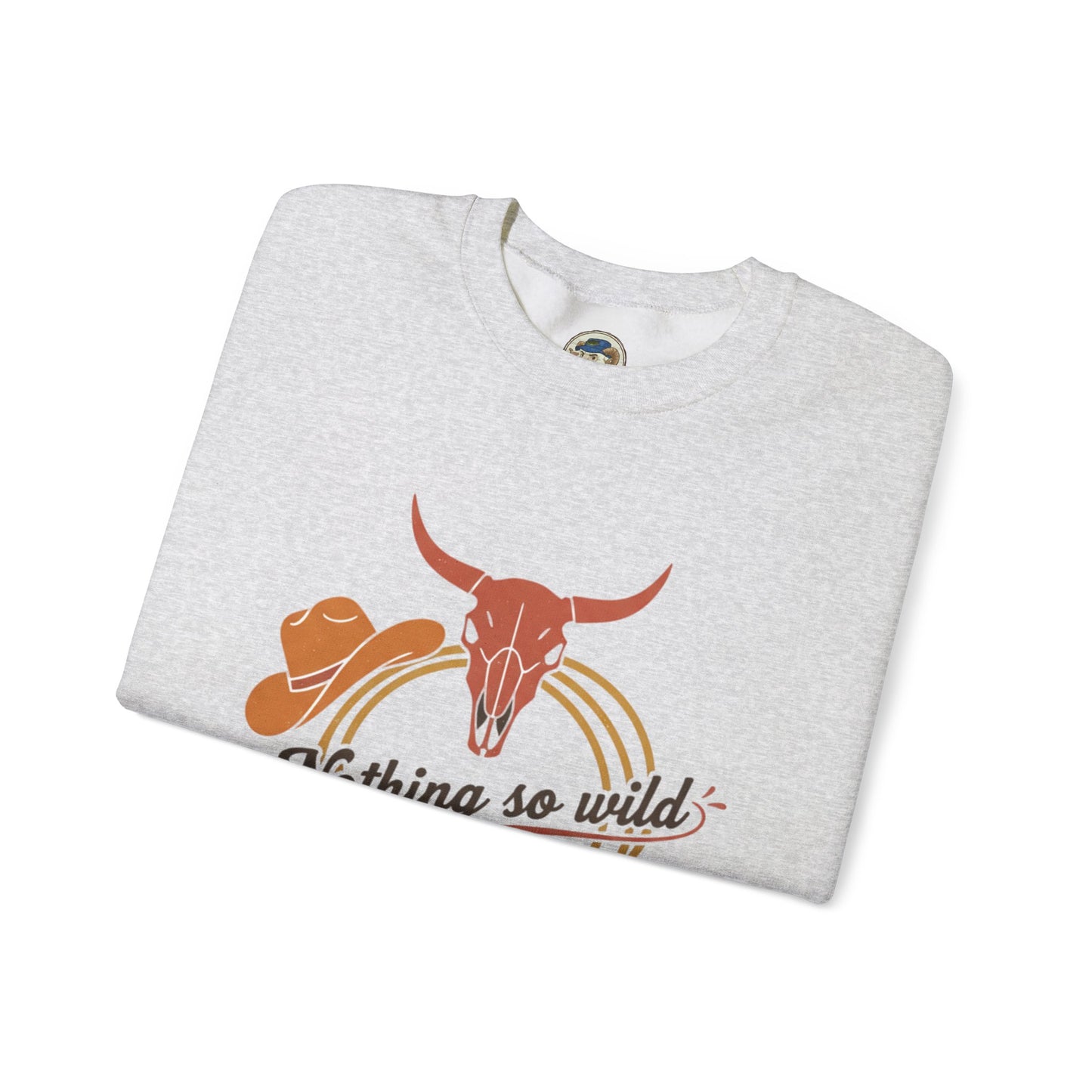Personalized western rider photo and sleeve name on Nothing So Wild crewneck sweatshirt by Printify, front view.
