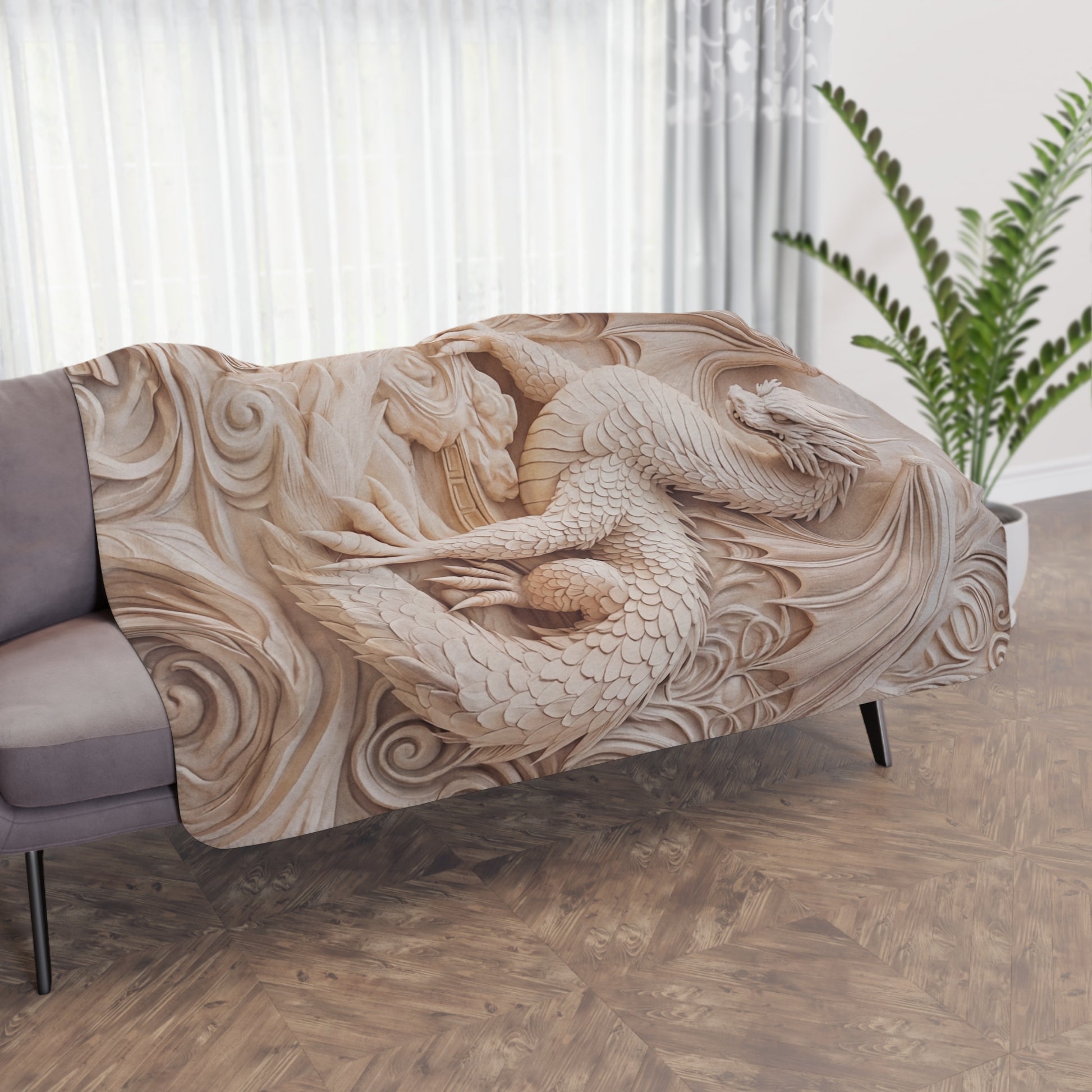 Tan Dragon Sherpa blanket with cozy sculpted dragon design, perfect for home decor and adding warmth to your space.