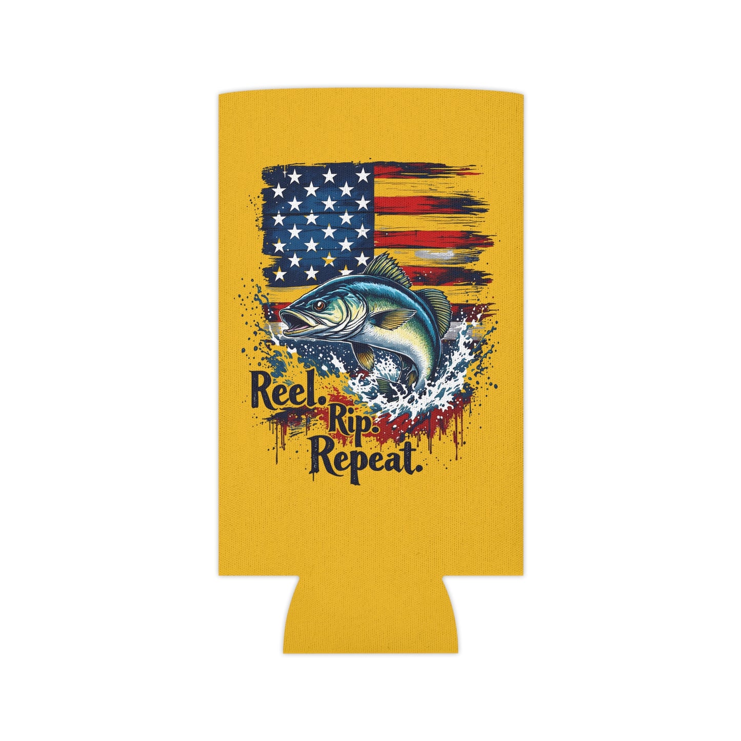 Can Cooler — "Reel, Rip, Repeat" American Flag Jumping Fish - Ramshackle Shack