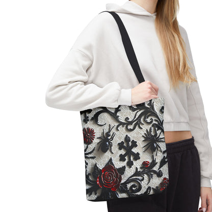 Gothic filigree tote bag with ornate dark floral print, showcasing intricate design and spacious bag for accessories and daily use.