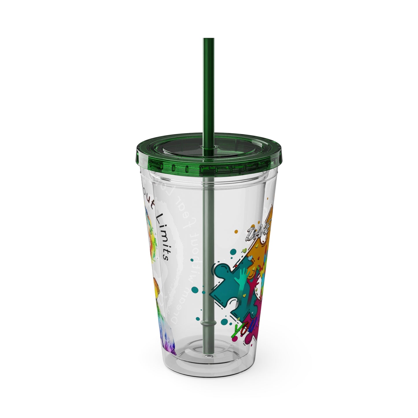 16oz Printify Sunsplash tumbler with straw featuring watercolor elephant and paint-splatter puzzle designs.