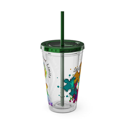 16oz Printify Sunsplash tumbler with straw featuring watercolor elephant and paint-splatter puzzle designs.