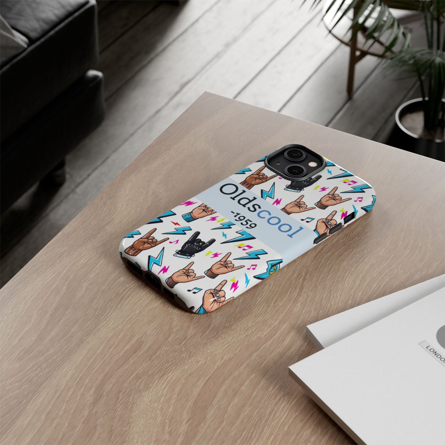 Retro Rock 'Oldscool 1959' Phone Case – Lightning & Rock Hand Pattern - Ramshackle Shack