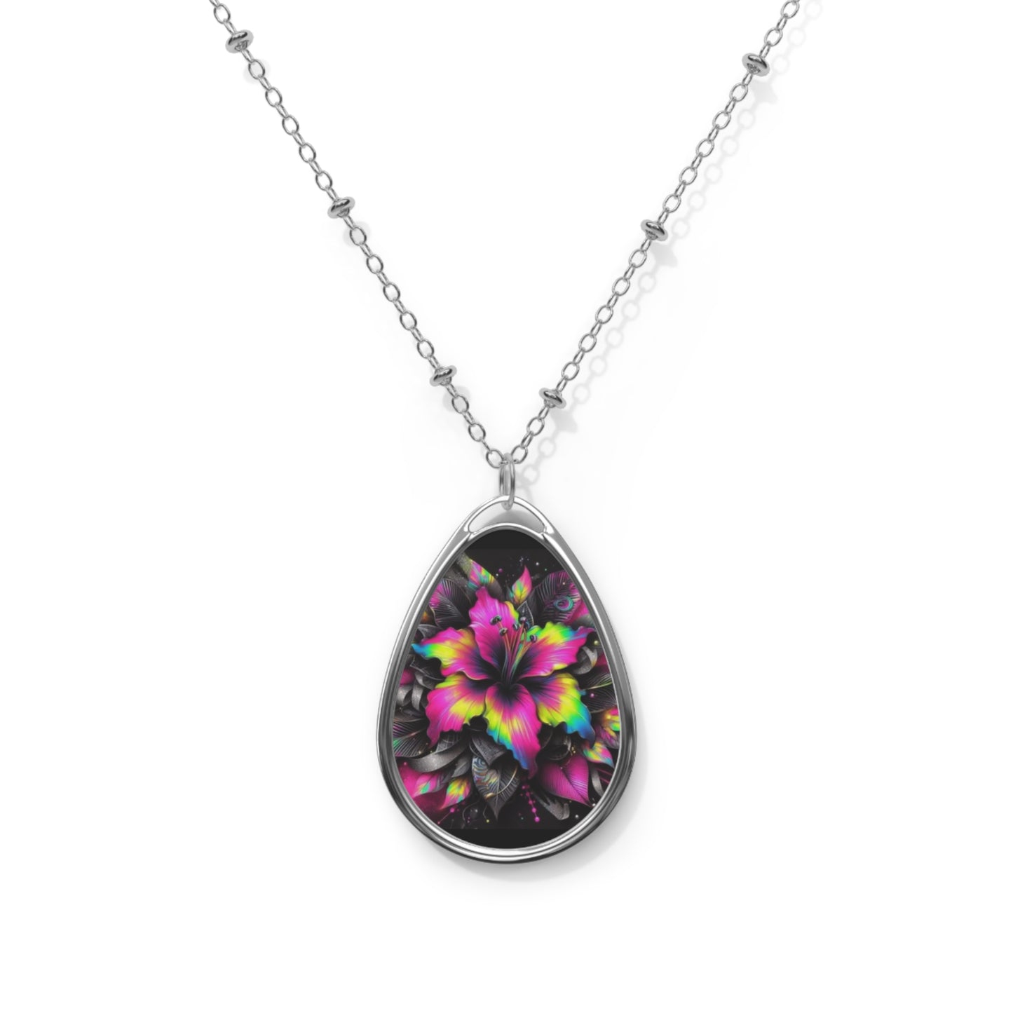 Oval Floral Pendant Necklace — Colorful Hibiscus Teardrop Jewelry - Ramshackle Shack