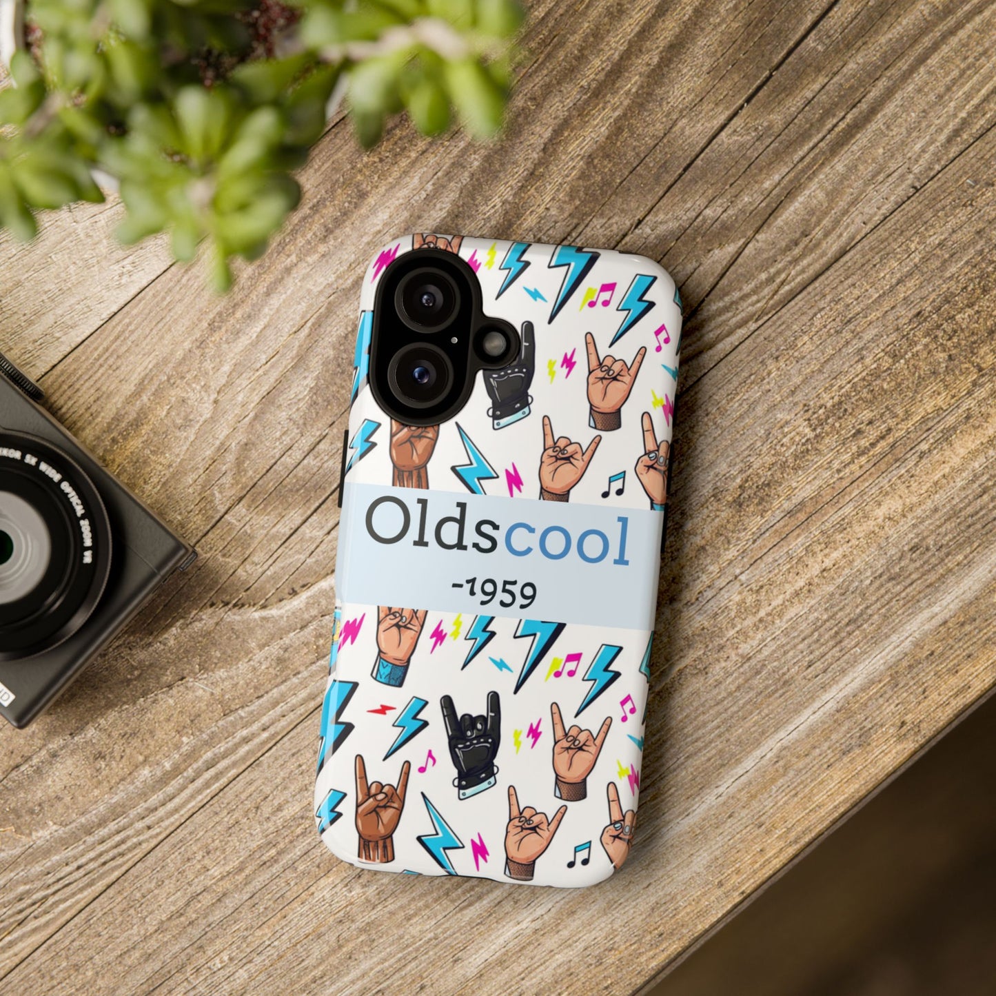 Retro Rock 'Oldscool 1959' Phone Case – Lightning & Rock Hand Pattern - Ramshackle Shack