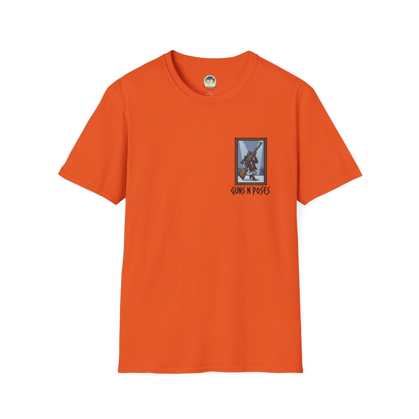 Black T-shirt featuring artwork from "Guns in Poses" gallery, with bold gun illustrations and artistic design by Printify.